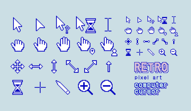 レトロなコンピューター風マウスポインタとカーソルのピクセルアートセット。90年代のデスクトップOSをイメージした青いドット絵の詰め合わせ。矢印、砂時計、指差し、手のひら、テキスト選択、拡大鏡、十字などのUIマウス操作要素。平成レトロ、Y2K、ノスタルジックなデジタルデザイン素材。ウェブ制作、アプリ、動画編集のデコレーションに。ベクターイラスト