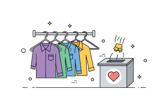 Closet cleanout activity illustrated by a few hangers with shirts being moved toward a donation box with a heart symbol. Visual metaphor of sharing unused