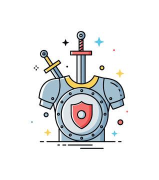 Knight defense symbol round shield with a simple crest positioned in front of chest armor while a small sword icon appears behind the composition. The visual