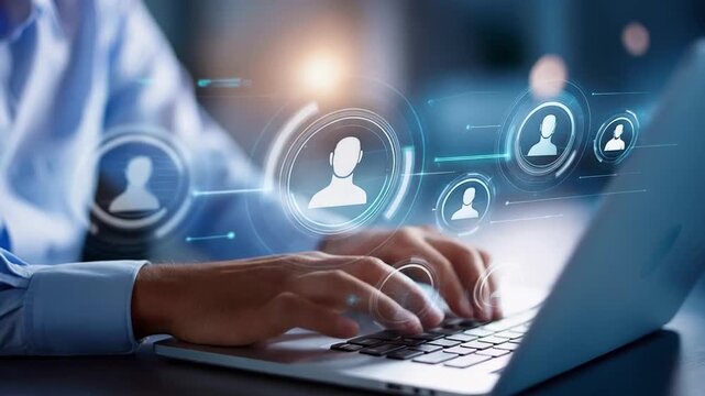 A user works on a laptop featuring graphics of an improvement cycle and feedback system.