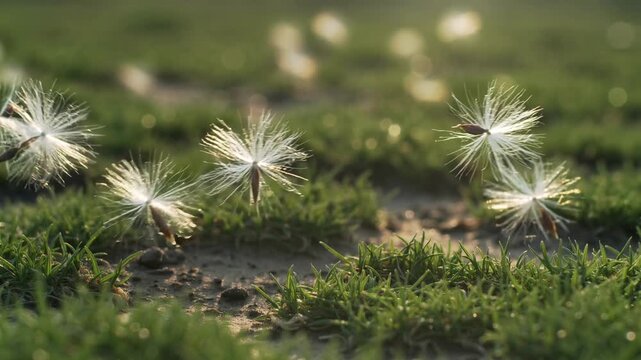 Floating dandelion parachutes softly alight on verdant ground, bathed in golden hour's gentle embrace at dusk