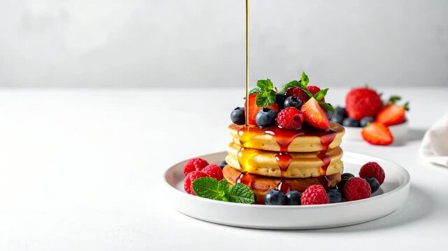 Stack of golden pancakes topped with fruit, mint, and syrup, on a white plate. Syrup is drizzling