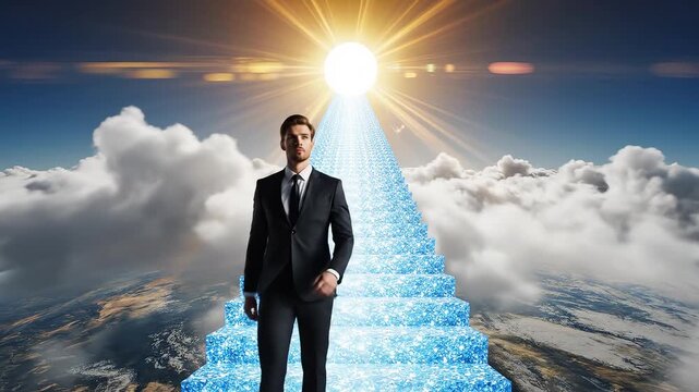 Man in suit ascending glowing staircase