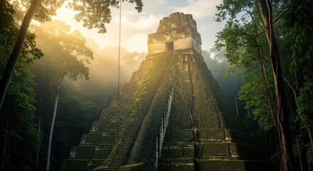 Ancient Mayan pyramid temple in tropical jungle at sunrise with mist, dramatic ruins of lost civilization surrounded by dense rainforest vegetation and atmospheric golden light