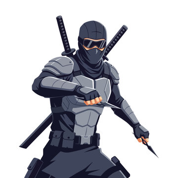 Armored warrior in dark uniform, wielding daggers, swords on back