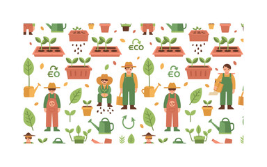 Fototapeta premium seedling production pattern seamless pattern, farmers planting seeds, seed trays, sprouting seedlings, watering cans and eco symbols arranged in a repeating