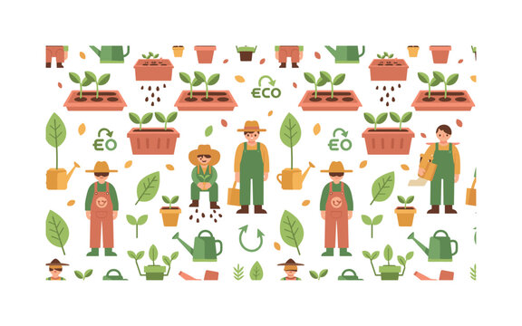 seedling production pattern seamless pattern, farmers planting seeds, seed trays, sprouting seedlings, watering cans and eco symbols arranged in a repeating