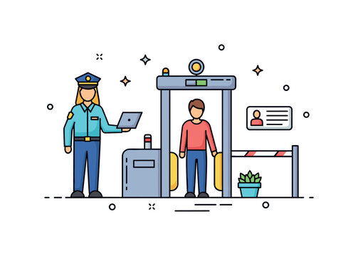 Safety checkpoint entrance security officer standing beside a checkpoint gate while a person passes through a simple inspection area. Clear scene illustrating