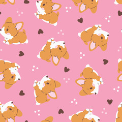 Obraz premium Cute seamless pattern with kawaii corgi puppies on pink background. Adorable cartoon dogs with hearts and soft decorative elements in flat style. Perfect for nursery design, kids products, textile pri