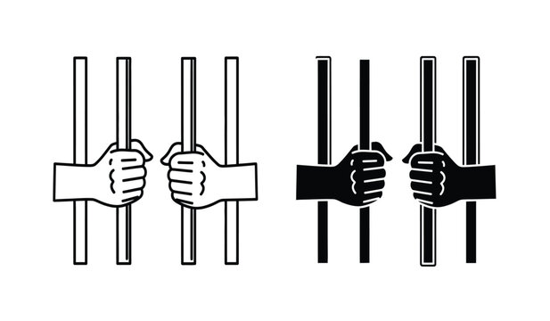 Silhouette of hands grasping prison bars with contrasting white and black fists