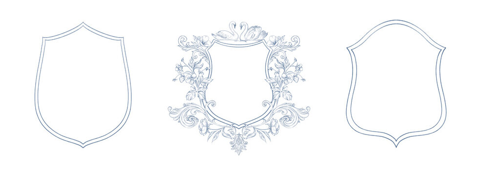Line art vintage floral crests set, blue toile de jouy victorian baroque flowers frame
