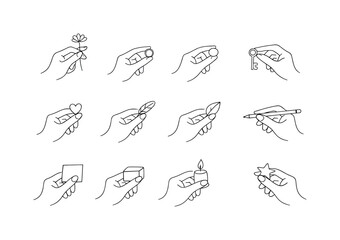 Obraz premium Fingers Holding Something. Minimalistic set one-line drawing fingers holding flower, fingers holding ring, fingers holding coin, fingers holding key, fingers