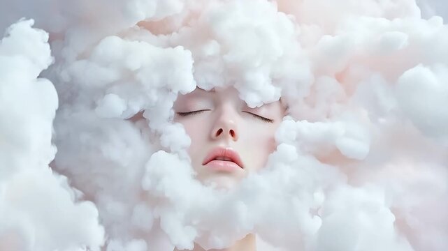 A woman is shown with her head surrounded by clouds, symbolizing confusion and feelings of depression. The clouds obscure her face, reflecting inner struggles