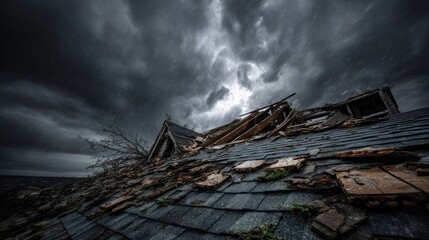 A dramatic close-up view of a severely damaged roof during a torrential storm. © redflower