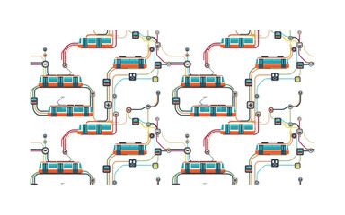 Naklejka premium city transportation routes with trams, buses, subway lines and stations forming decorative rhythm, seamless pattern, repeating pattern, surface design, textile