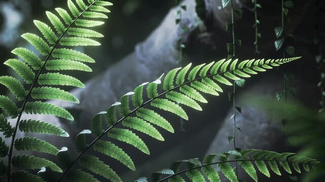 Emerald fronds dance as dappled sunlight paints intricate patterns on ancient forest ferns