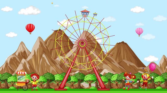 Animated Cartoon Amusement Park with Ferris Wheel and Clowns