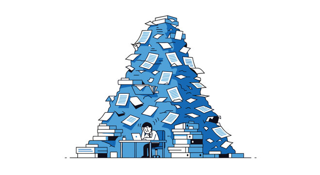 A man sits at a desk with a laptop, overwhelmed by a massive blue mountain of papers and folders.
