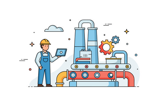 Industrial engineering process engineer monitoring a production line while gears and pipes illustrate mechanical operations. Scene representing process control