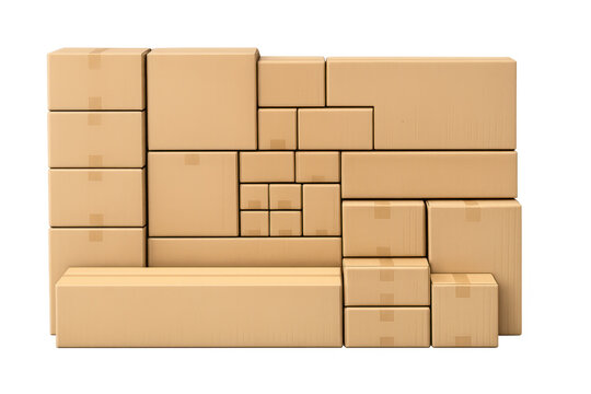 Stacked cardboard boxes creating wall on transparent background