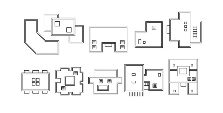 Collection of floor plans in abstract line art. Monochrome outlines display various building shapes for architectural design. Perfect for concept visuals.