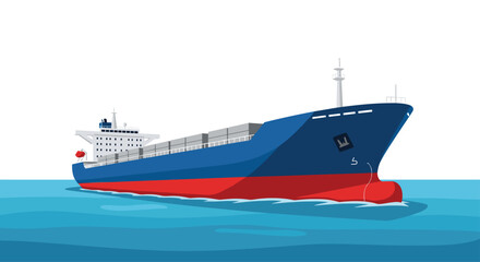 Fototapeta premium A large blue and red cargo ship is sailing through calm blue water, viewed from a low angle against a white background.