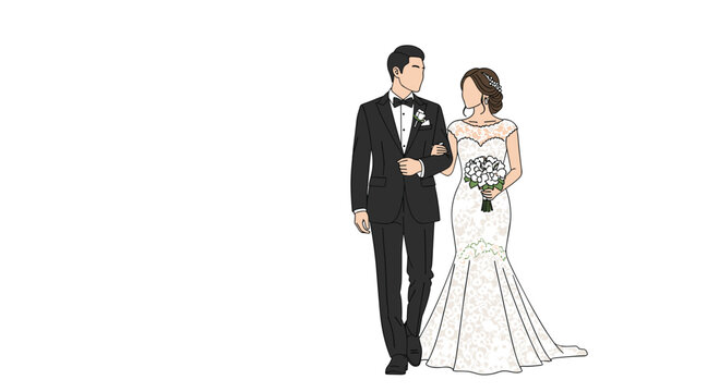 An illustrated groom in a black tuxedo and a bride in a white lace gown walk arm-in-arm against a plain white background.