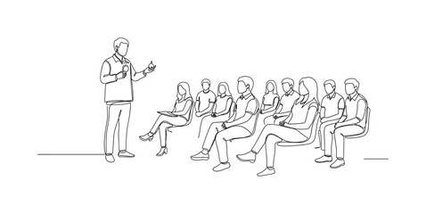 Fototapeta premium Community Health Workshop. Minimalistic one-line drawing group of people seated while instructor demonstrates health tips, continuous single black line on