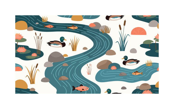 freshwater rivers seamless pattern, streams, fish, ducks, rocks, water lilies, and reeds arranged in a repeating pattern, white background with deep teal warm