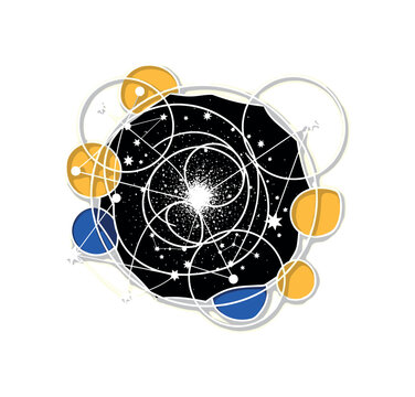 black and white star cluster forming abstract celestial pattern, cut-out collage effect with white outline, intersecting circles and thin structural lines