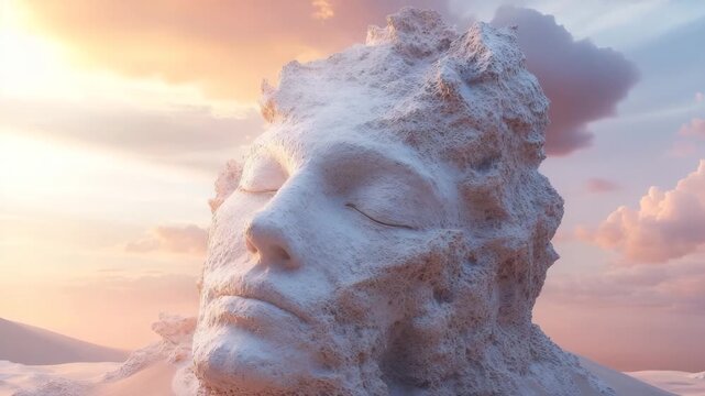 A face appears in a large desert landscape. The setting shows the vastness of the area with clouds in the sky. The mood captures feelings of loneliness and search for connection in open space