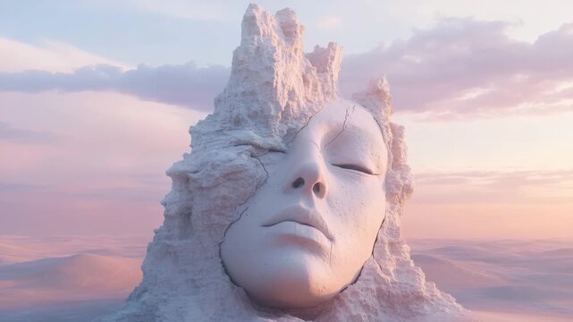 A face appears in the desert landscape, surrounded by sand and rocks. The sun sets, casting soft colors as the environment highlights feelings of loneliness and solitude