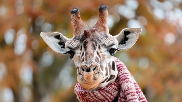 A giraffe stands in front of a colorful backdrop wearing a scarf. The animal looks toward visitors and shows curiosity as people take pictures by the fence