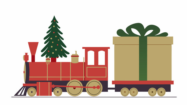 A festive red locomotive carrying christmas presents and a tree