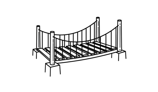 Silhouette of a small suspension bridge with a wooden deck and metal railings