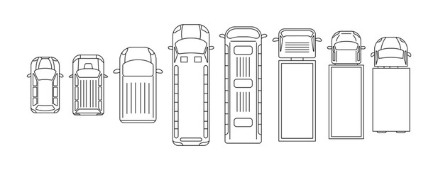 Monochrome top view illustration of various vehicles. Includes cars, buses, and trucks outlined with precision. Ideal for transport designs or educational purposes.