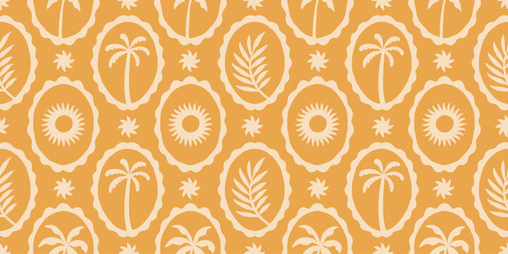 Vector hand drawn seamless pattern in simple doodle sketchy wavy and groovy naive style, abstract summer vacation surface design with palm trees and suns