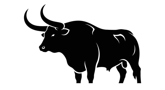 Black bull with large curved horns.