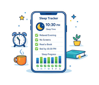 Healthy sleep routine visualization showing a sleep tracking app screen with a moon checklist and gentle progress indicators suggesting consistent bedtime