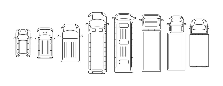 Monochrome top view illustration of various vehicles. Includes cars, buses, and trucks outlined with precision. Ideal for transport designs or educational purposes.
