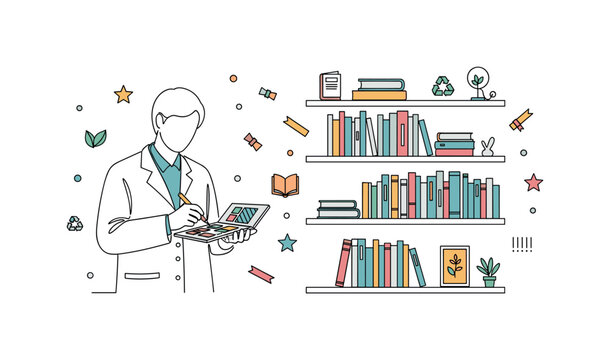 Environmental Materials Scientist. Minimalistic one-line drawing person in lab coat examining eco-friendly material samples and recording data, continuous