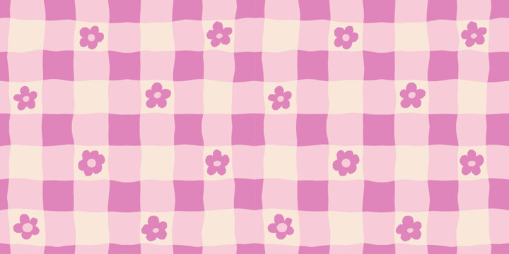 Vector hand drawn seamless pattern in simple doodle sketchy floral wavy and groovy naive style, dopamine and cottage core aesthetic