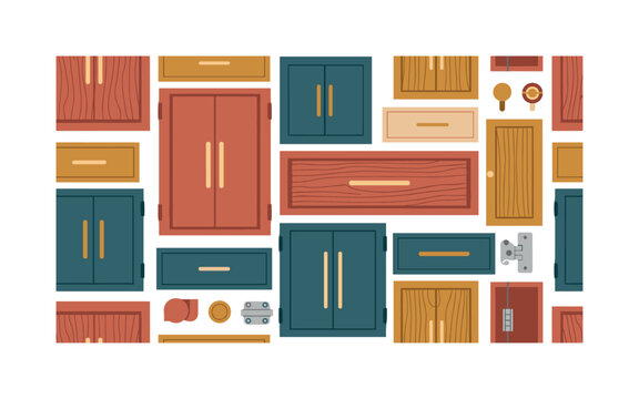 furniture cabinet doors seamless pattern, drawers and cabinet panels, handles, knobs, hinges, and wood textures arranged in a repeating pattern,