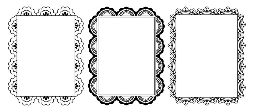 Vector graphic design, lace linear border and frame with copy space for text, logo, monogram, minimal trendy stationery and brand packaging template