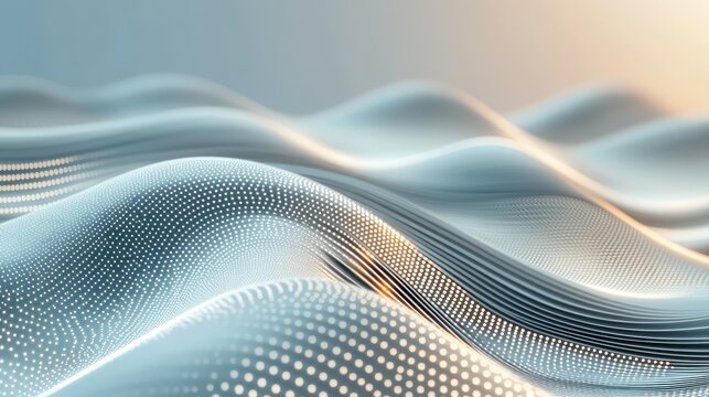 Tiny glowing particles forming undulating wave patterns, suggesting microscopic structures and scientific data flow, illuminated by soft light.