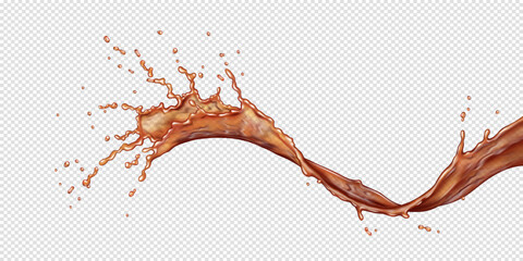Realistic coffee or colla splash captured midair. Dynamic motion and energetic flow. Transparent background enhances its versatility for design projects.