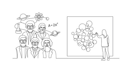 Fototapeta premium Scientific Legacy. Minimalistic one-line drawing group of historical scientists with symbols of their discoveries like atoms, planets, or equations, continuous