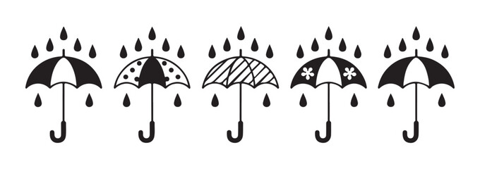 Stylized umbrella icons with decorative ornaments and falling rain drops for seasonal weather design elements © Sen