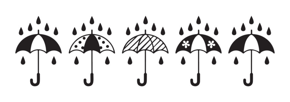 Stylized umbrella icons with decorative ornaments and falling rain drops for seasonal weather design elements