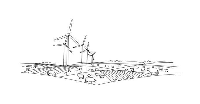 Wind Turbines on Farm. Minimalistic one-line drawing wind turbines rising above farmland with fields and farm animals below, continuous single black line on